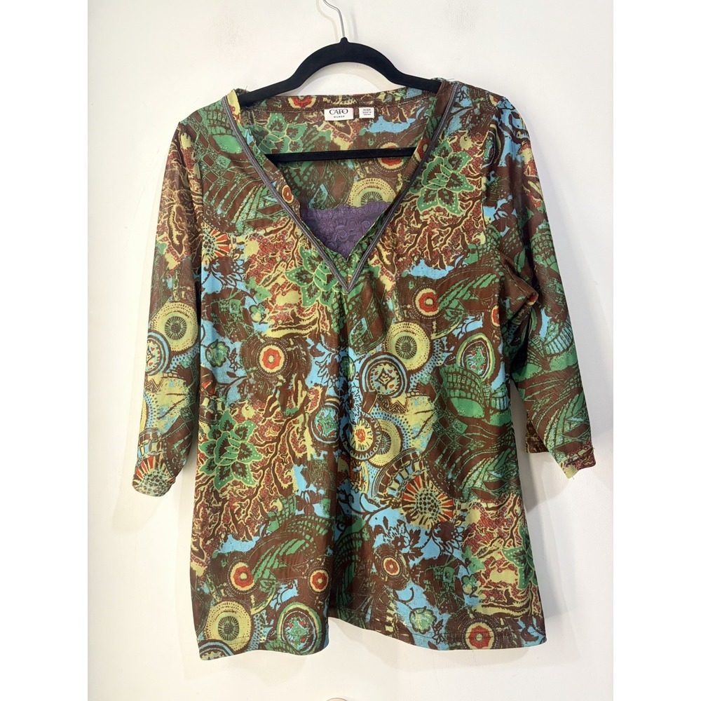Y2K Cato Boho Tunic Top 14/16W Multicolor Paisley Semi Sheer Hald Sleeve